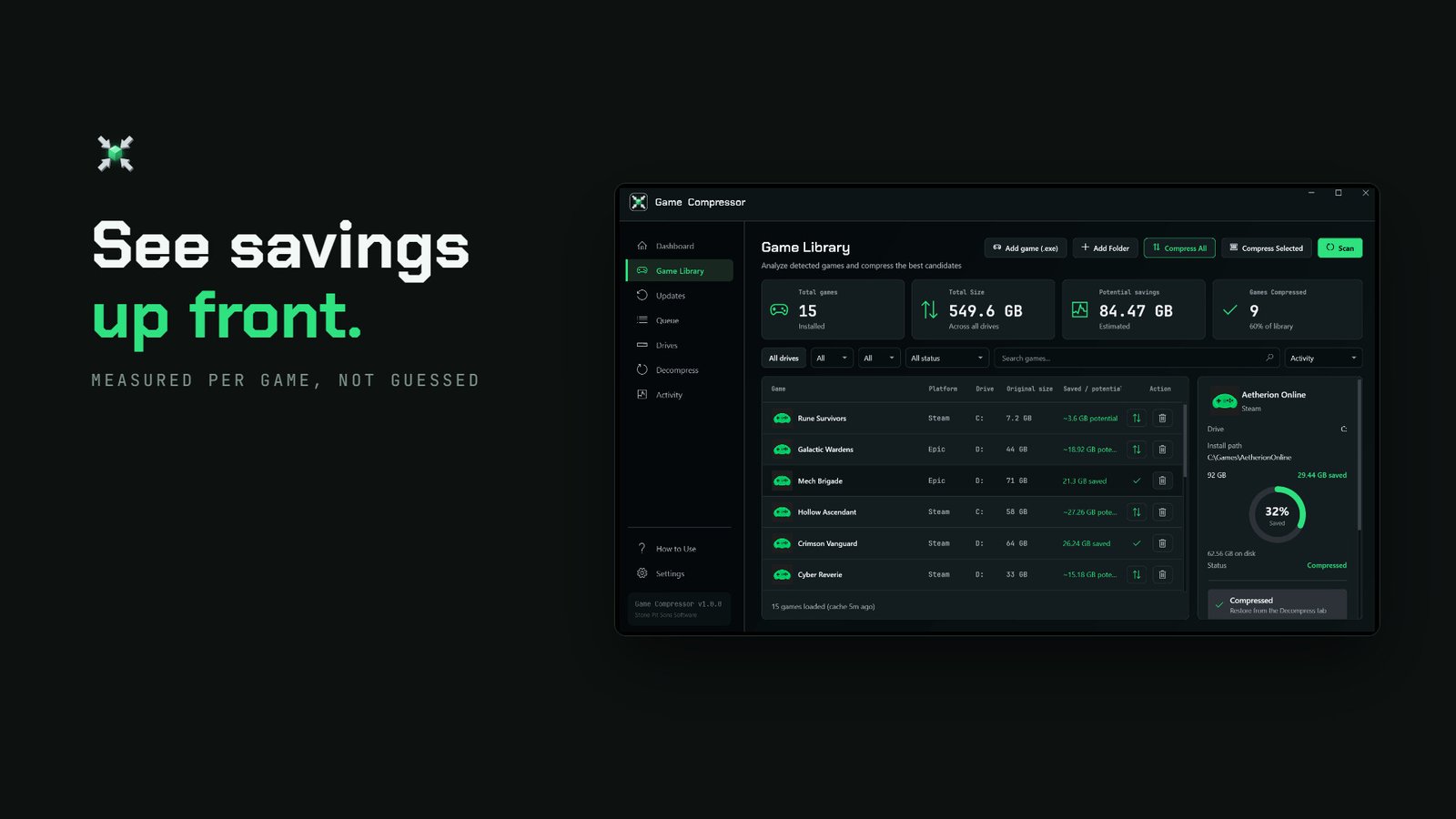 Game Compressor game library with estimated savings